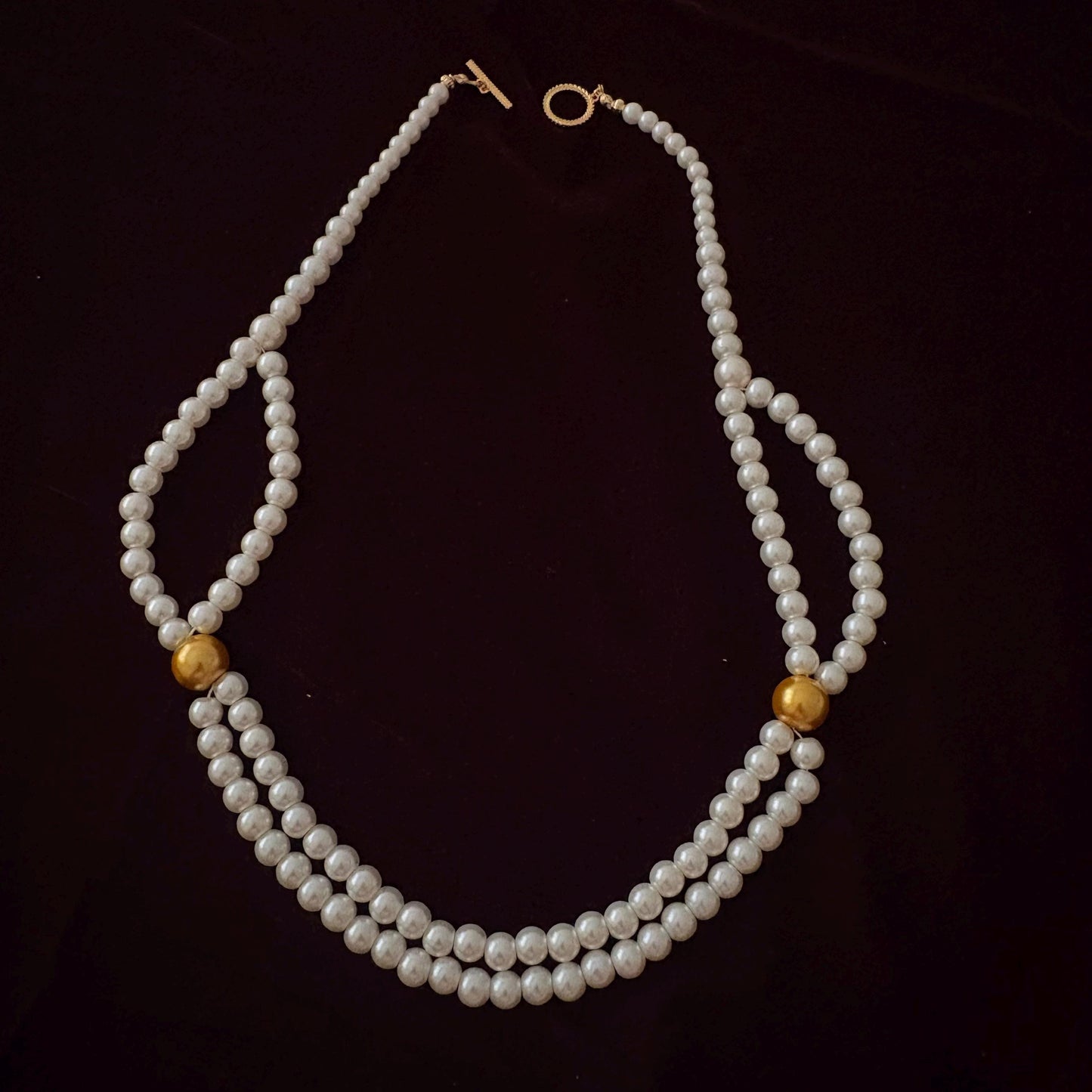 Double Strand Pearl Necklace wth Gold Beads 24K Gold Plated T-Clasp Luxury White Glass Pearls Necklace Vintage Style Two Toned Necklace