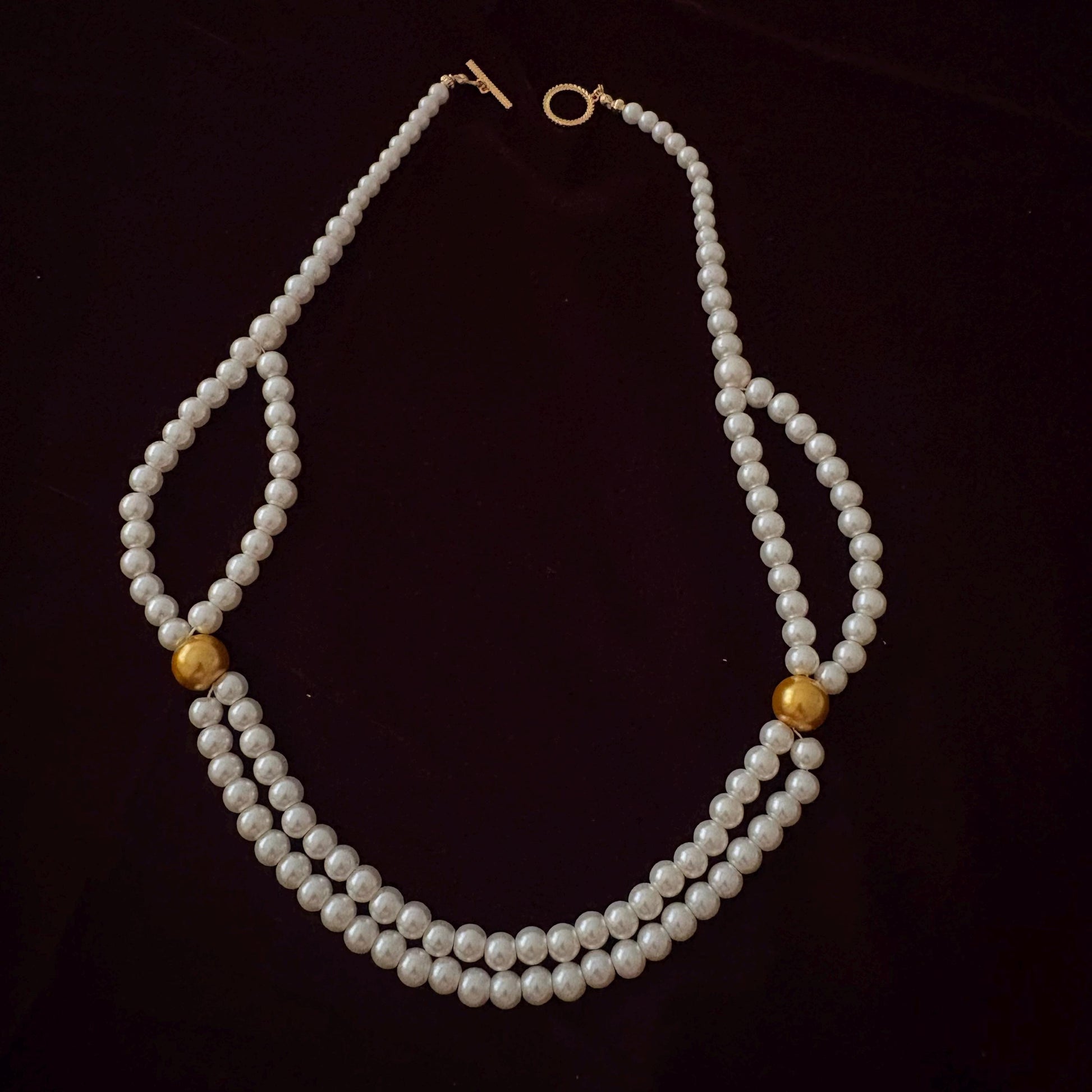 Double Strand Pearl Necklace wth Gold Beads 24K Gold Plated T-Clasp Luxury White Glass Pearls Necklace Vintage Style Two Toned Necklace