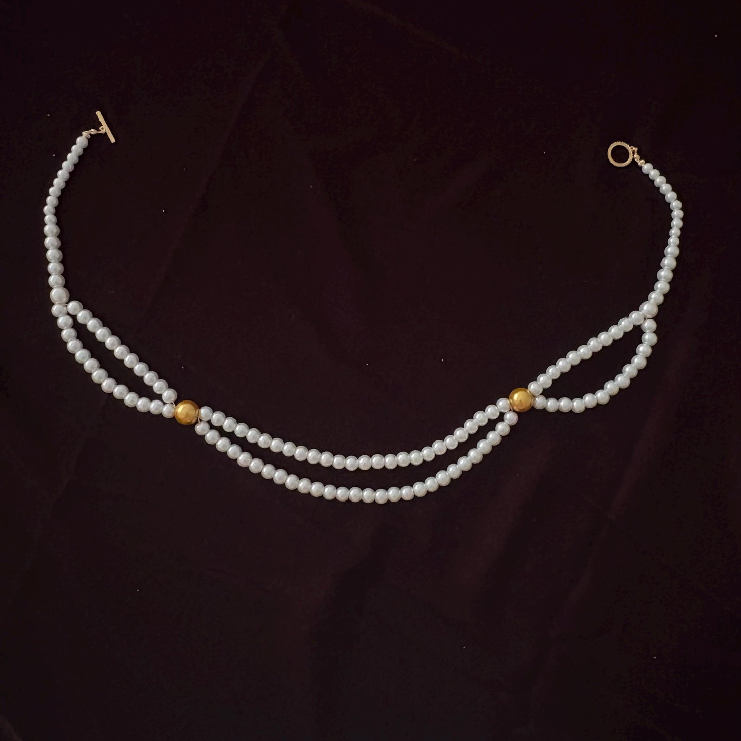 Double Strand Pearl Necklace wth Gold Beads 24K Gold Plated T-Clasp Luxury White Glass Pearls Necklace Vintage Style Two Toned Necklace