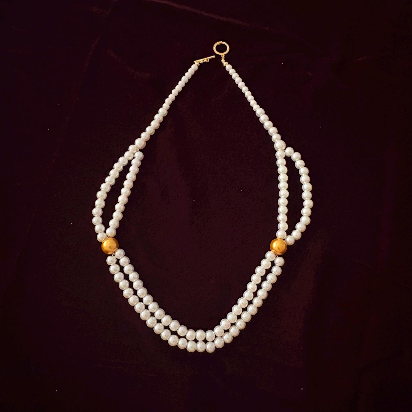 Double Strand Pearl Necklace wth Gold Beads 24K Gold Plated T-Clasp Luxury White Glass Pearls Necklace Vintage Style Two Toned Necklace