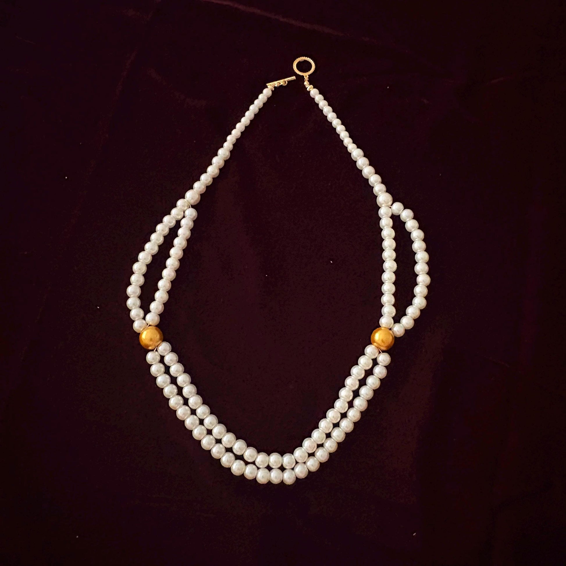 Double Strand Pearl Necklace wth Gold Beads 24K Gold Plated T-Clasp Luxury White Glass Pearls Necklace Vintage Style Two Toned Necklace