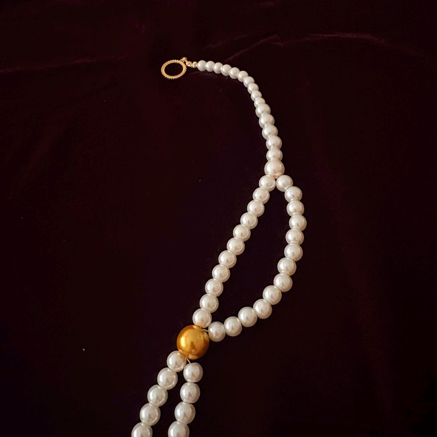 Double Strand Pearl Necklace wth Gold Beads 24K Gold Plated T-Clasp Luxury White Glass Pearls Necklace Vintage Style Two Toned Necklace