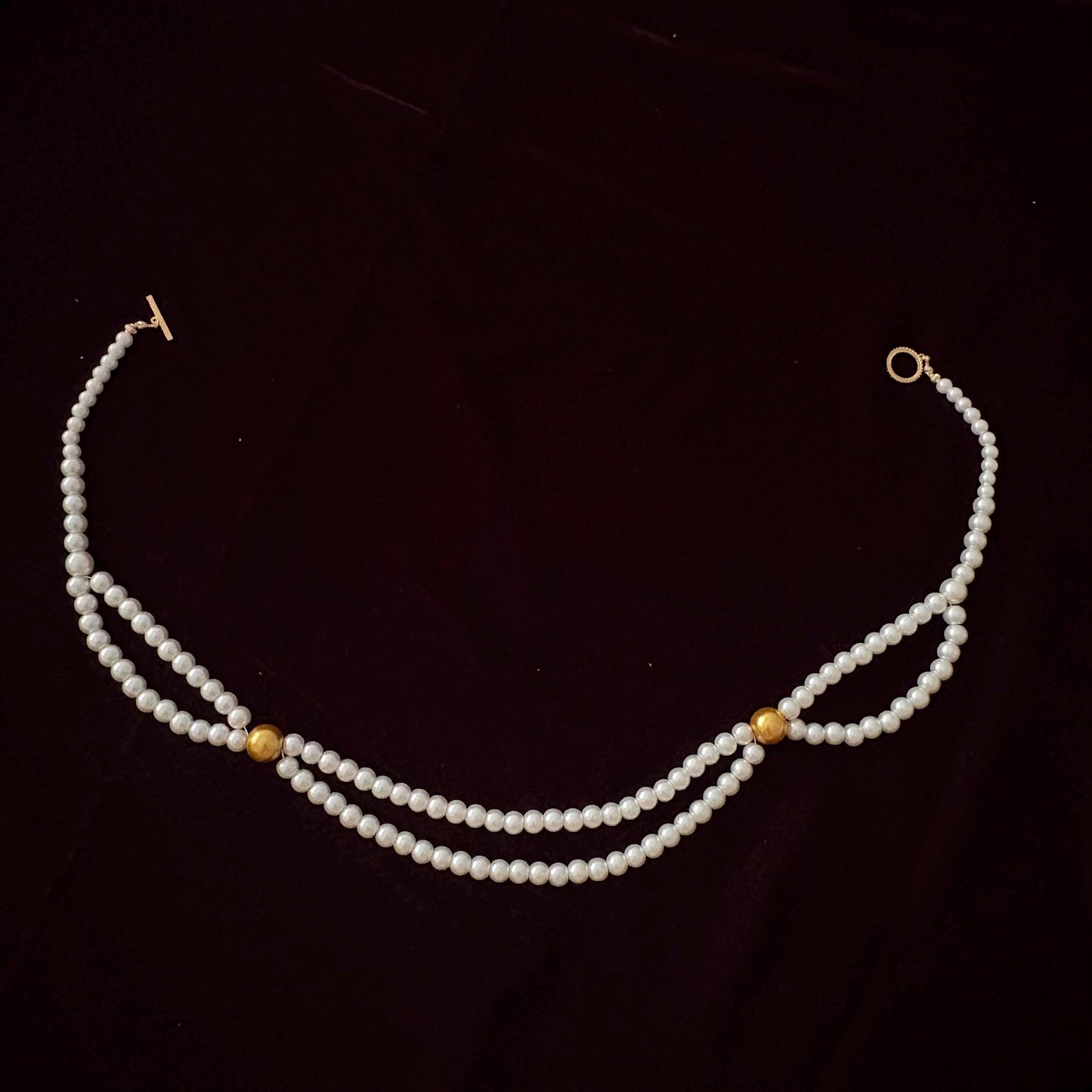 Double Strand Pearl Necklace wth Gold Beads 24K Gold Plated T-Clasp Luxury White Glass Pearls Necklace Vintage Style Two Toned Necklace