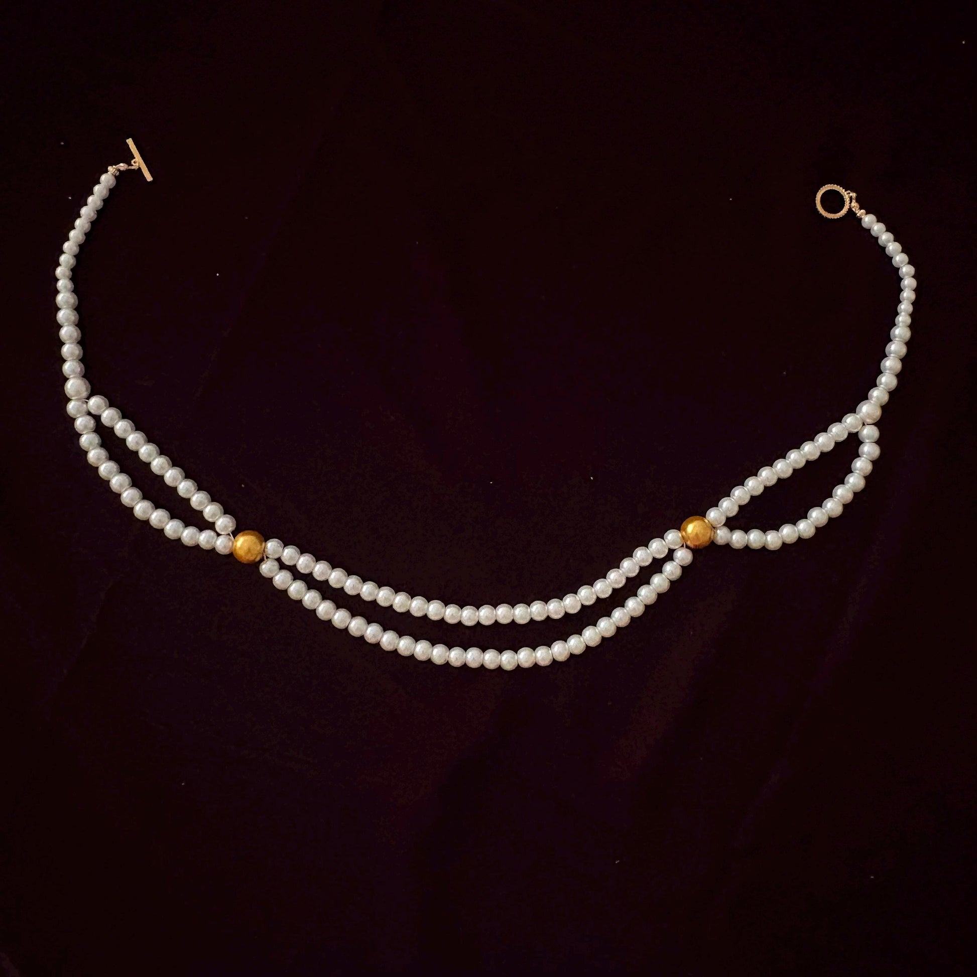 Double Strand Pearl Necklace wth Gold Beads 24K Gold Plated T-Clasp Luxury White Glass Pearls Necklace Vintage Style Two Toned Necklace