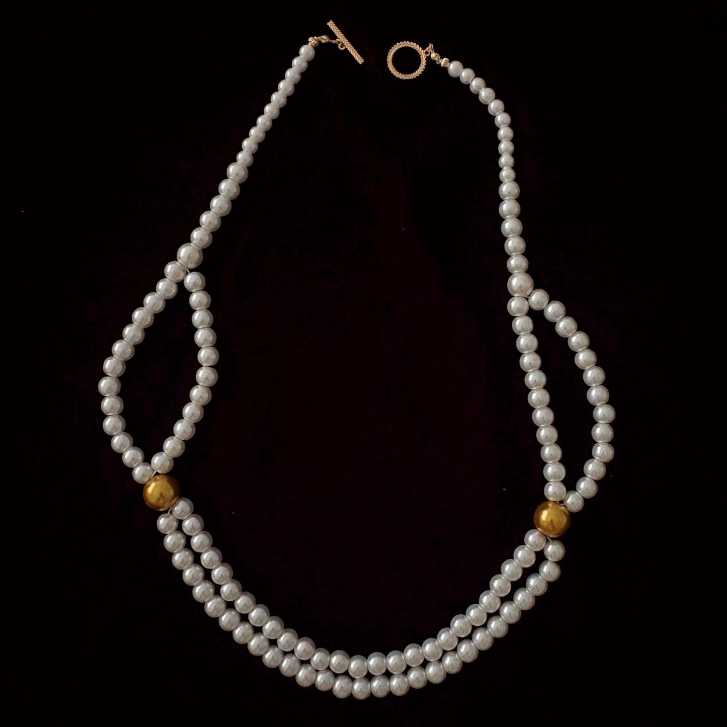 Double Strand Pearl Necklace wth Gold Beads 24K Gold Plated T-Clasp Luxury White Glass Pearls Necklace Vintage Style Two Toned Necklace