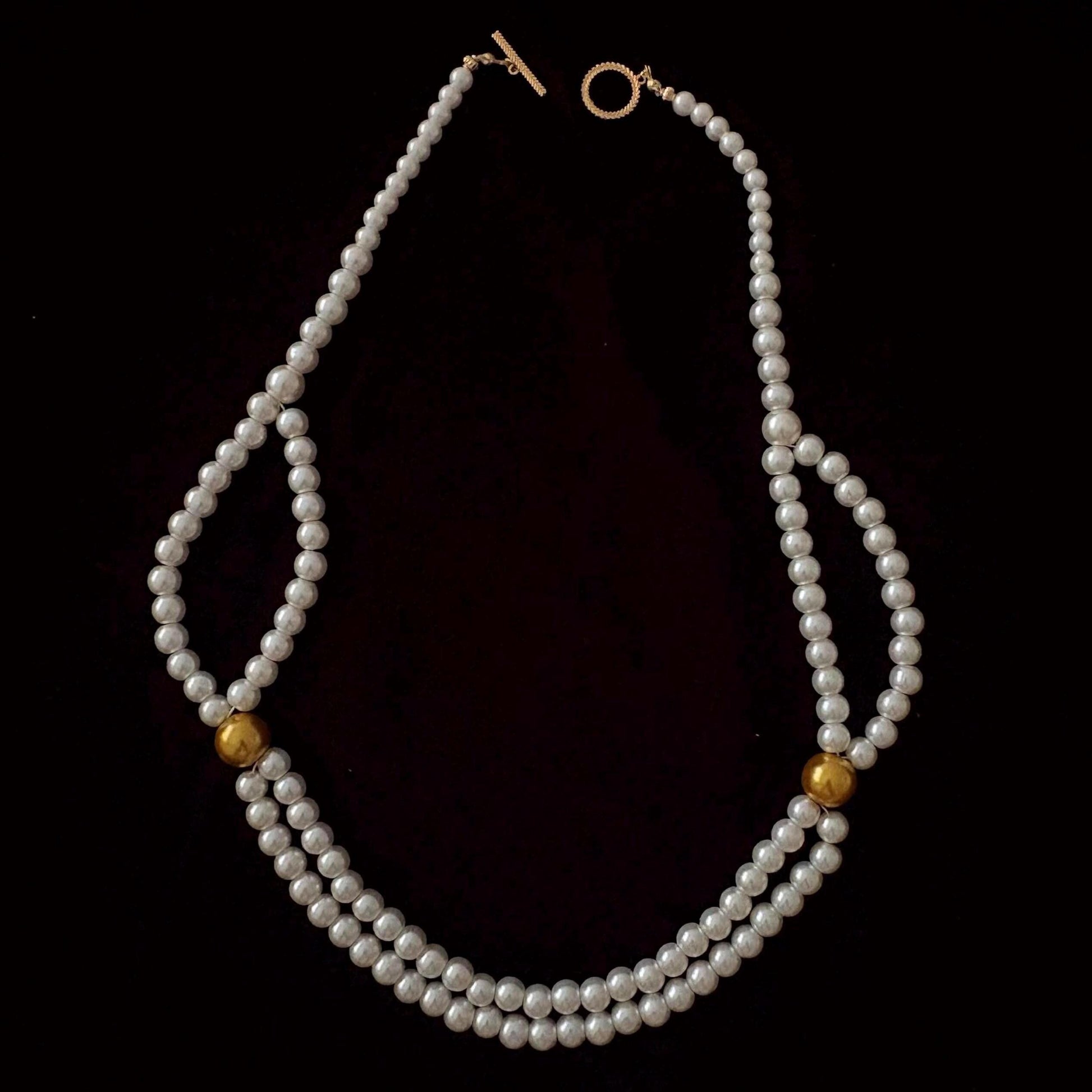Double Strand Pearl Necklace wth Gold Beads 24K Gold Plated T-Clasp Luxury White Glass Pearls Necklace Vintage Style Two Toned Necklace