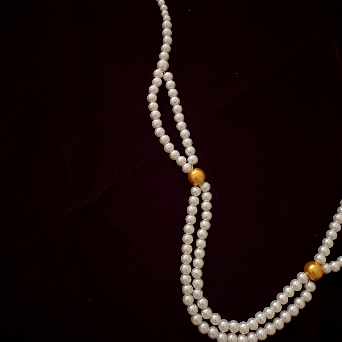 Double Strand Pearl Necklace wth Gold Beads 24K Gold Plated T-Clasp Luxury White Glass Pearls Necklace Vintage Style Two Toned Necklace