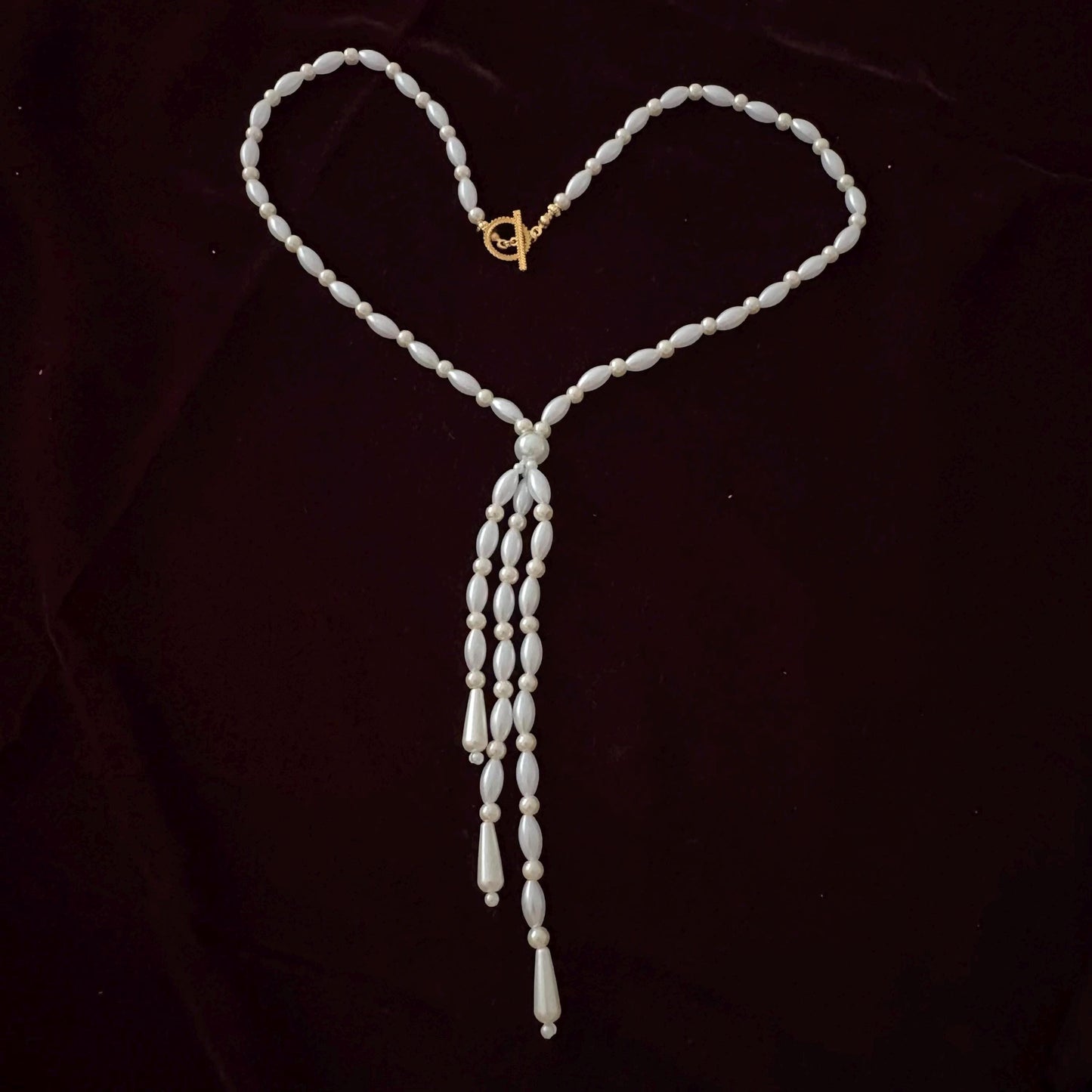 Glass Pearl Necklace with Tassel Elegant Y Shape Long Necklace Vintage Style