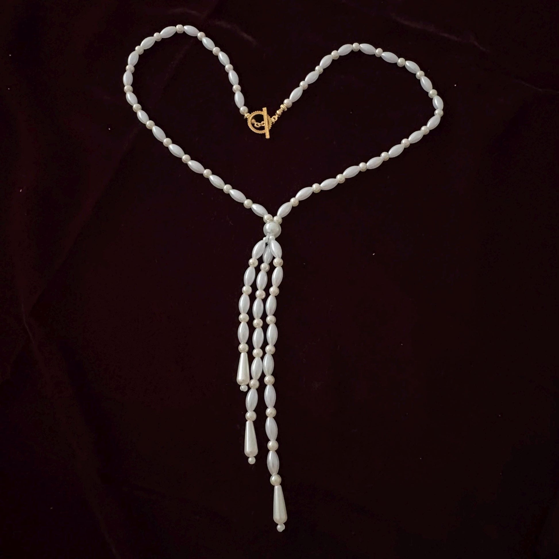 Glass Pearl Necklace with Tassel Elegant Y Shape Long Necklace Vintage Style