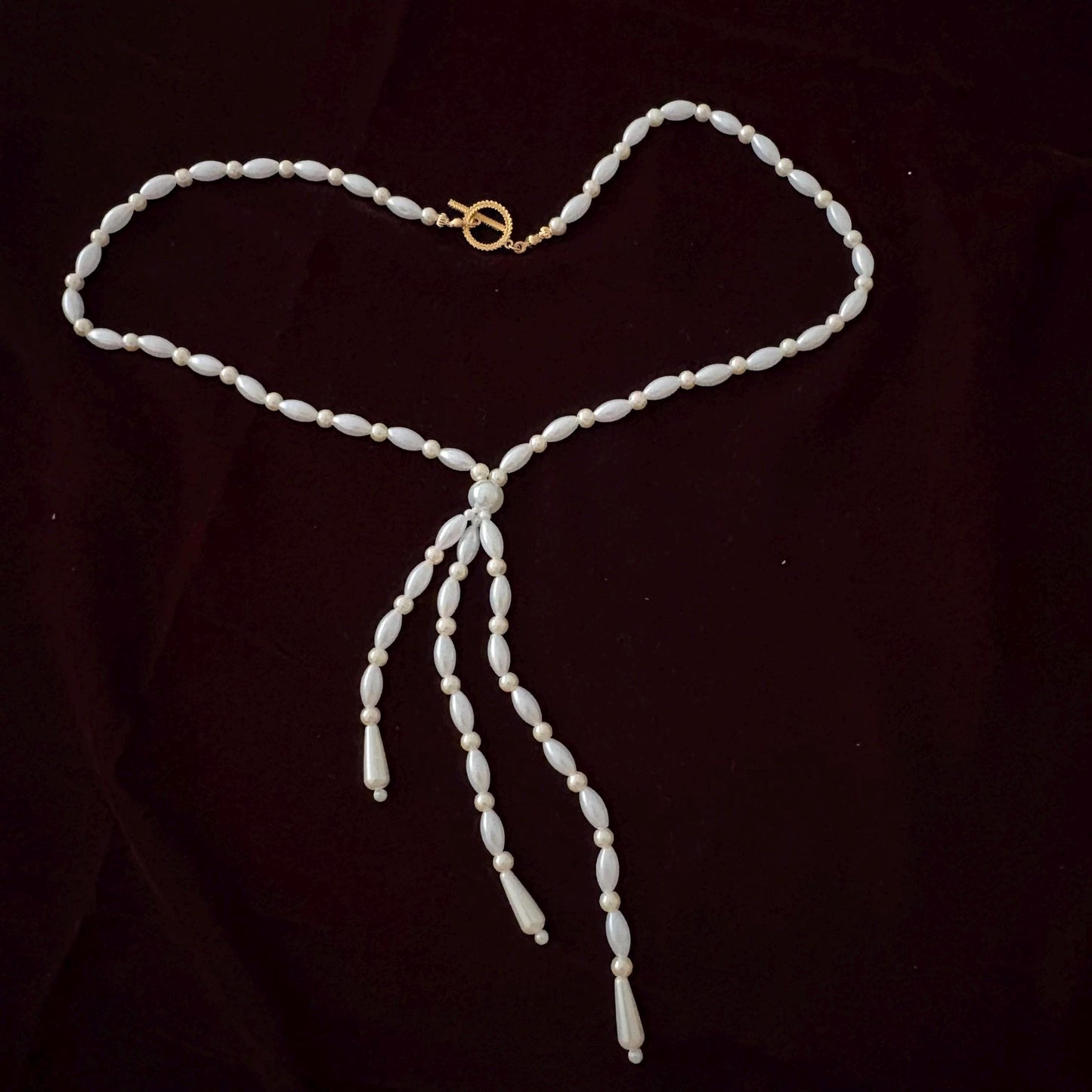 Glass Pearl Necklace with Tassel Elegant Y Shape Long Necklace Vintage Style