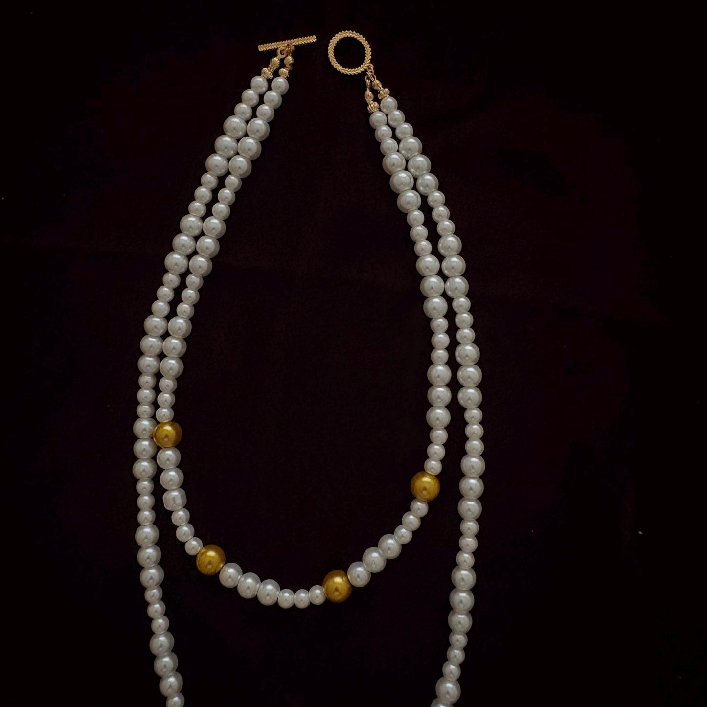 Y Style Double Layer Two Strand White & Gold Glass Pearl Long Necklace Handmade Artisan Jewelry