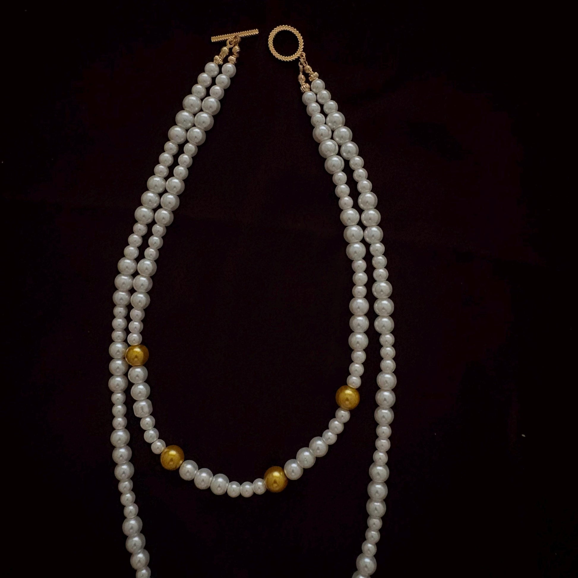 Y Style Double Layer Two Strand White & Gold Glass Pearl Long Necklace Handmade Artisan Jewelry