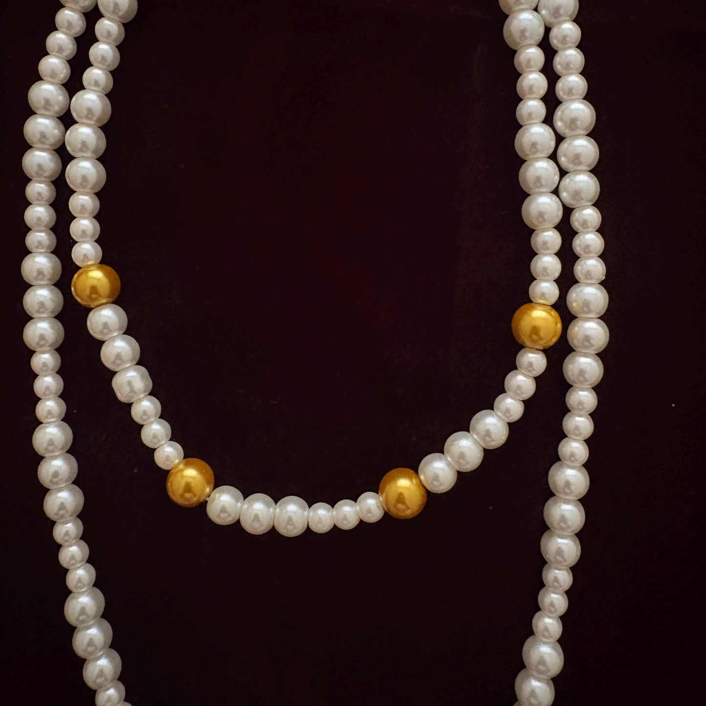 Y Style Double Layer Two Strand White & Gold Glass Pearl Long Necklace Handmade Artisan Jewelry