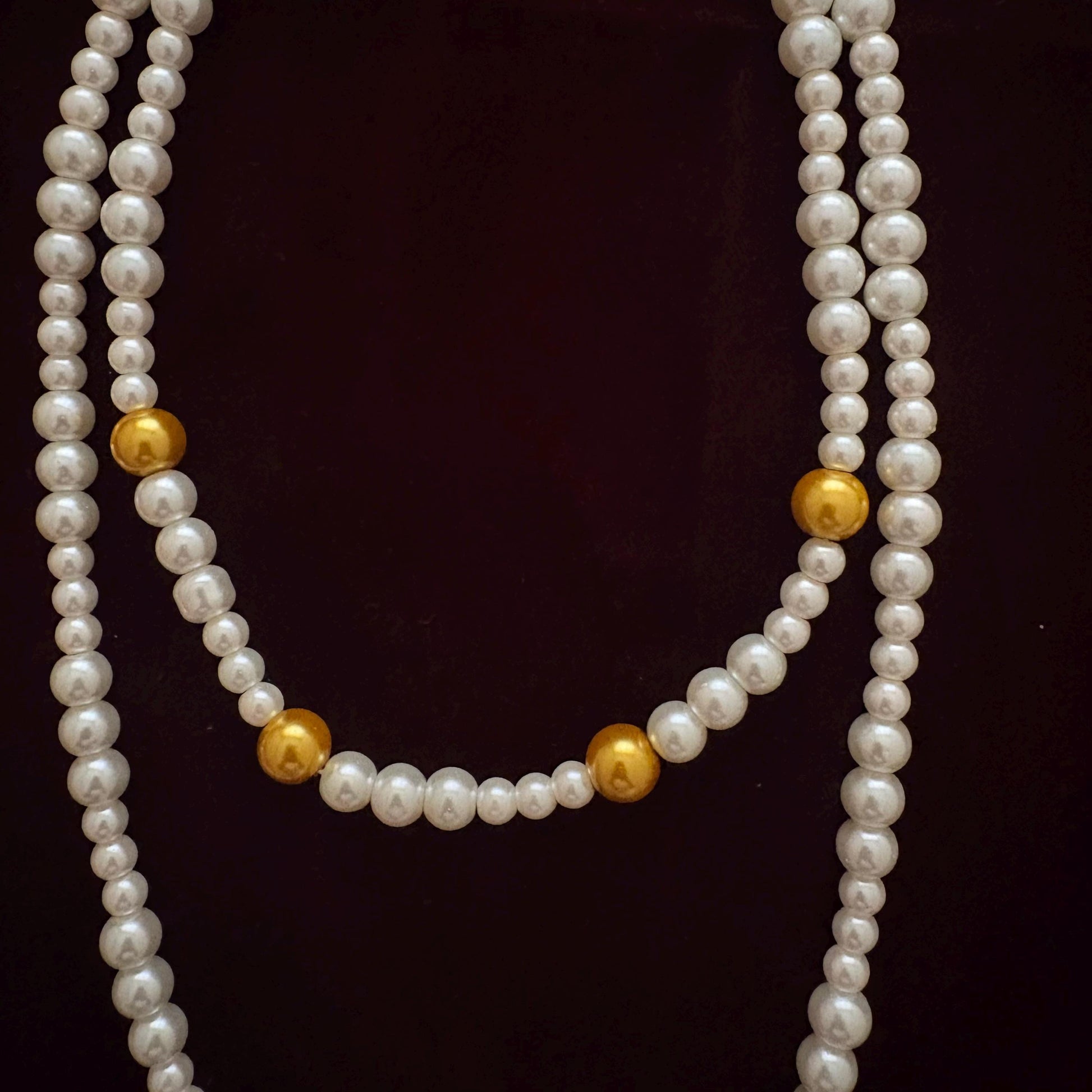 Double Layer Two Strand White & Gold Glass Pearl Long Necklace Gold Plated Clasp Y Style Tassel