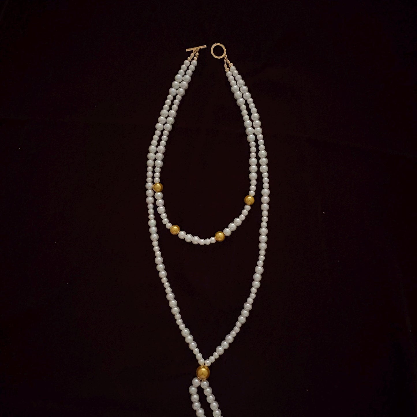 Y Style Double Layer Two Strand White & Gold Glass Pearl Long Necklace Handmade Artisan Jewelry