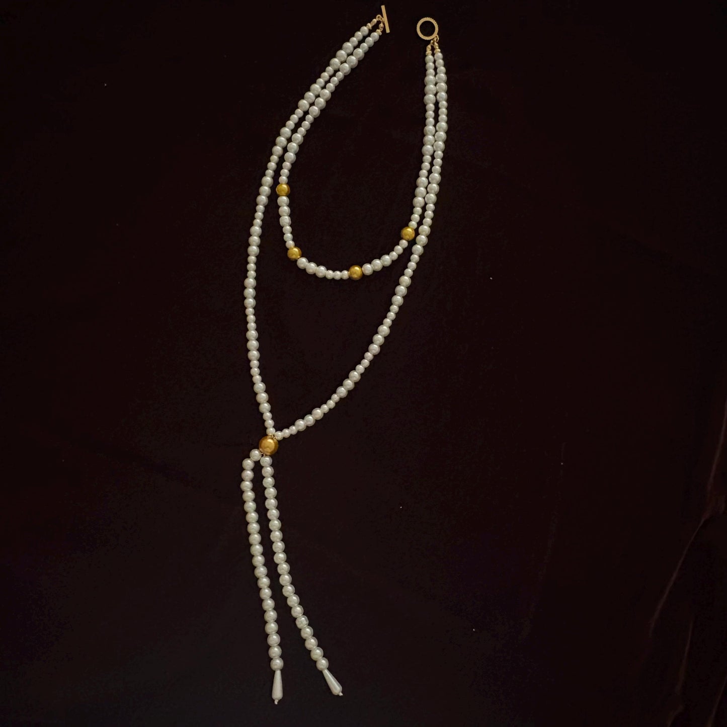 Double Layer Two Strand White & Gold Glass Pearl Long Necklace Gold Plated Clasp Y Style Tassel