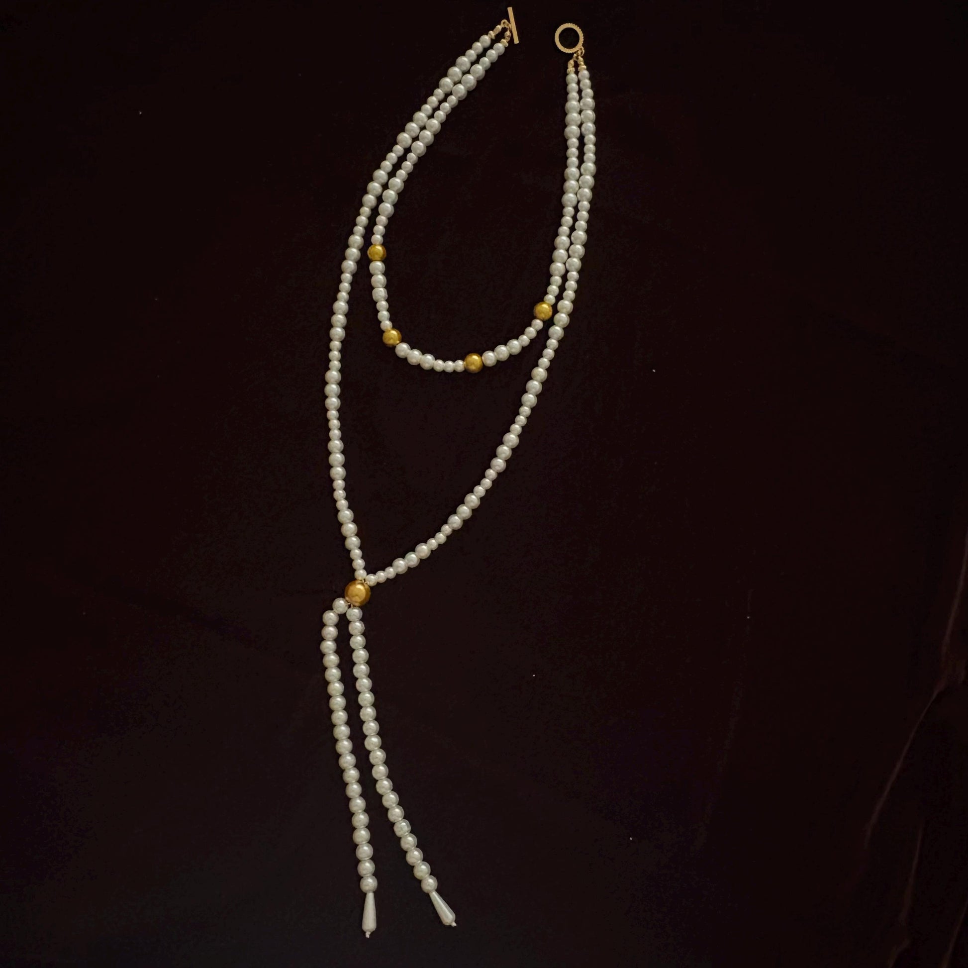 Double Layer Two Strand White & Gold Glass Pearl Long Necklace Gold Plated Clasp Y Style Tassel