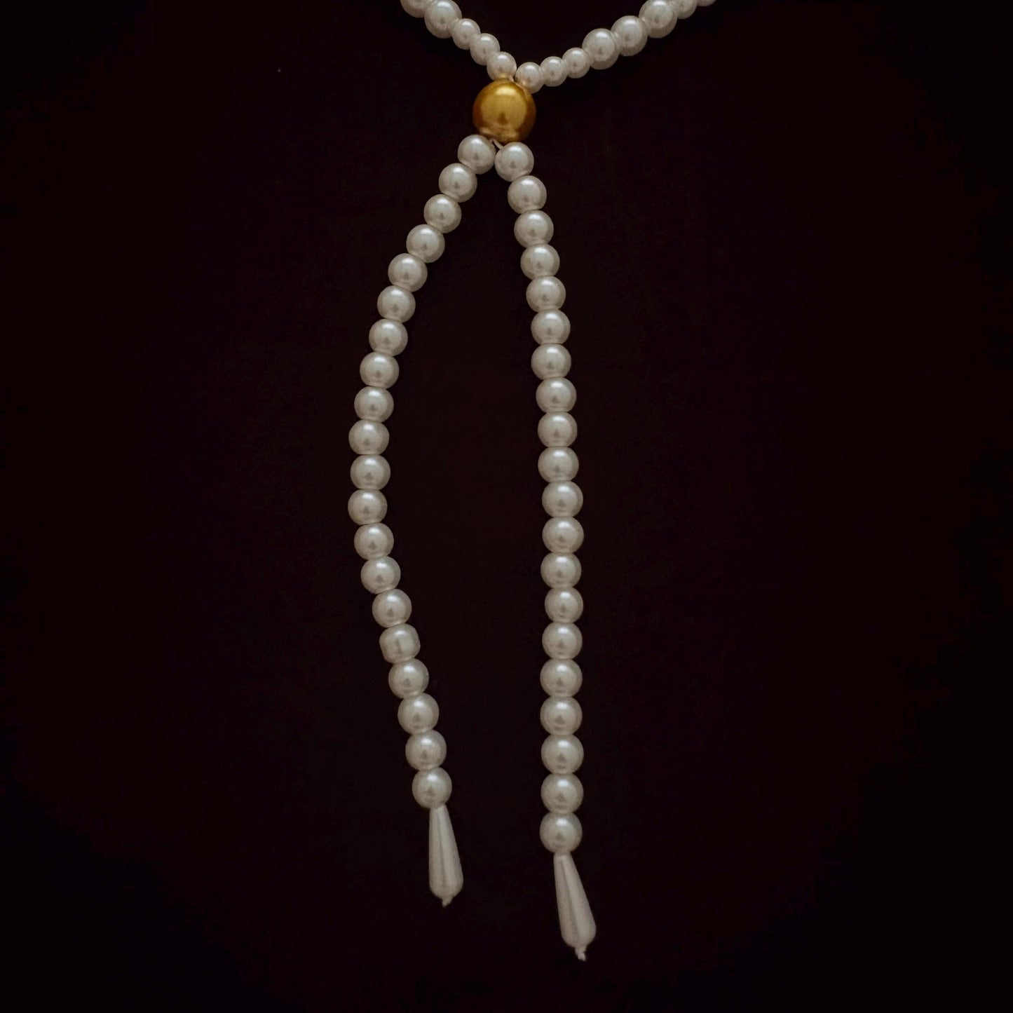 Y Style Double Layer Two Strand White & Gold Glass Pearl Long Necklace Handmade Artisan Jewelry