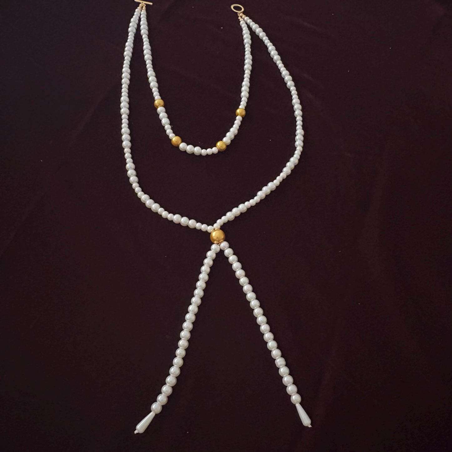 Double Layer Two Strand White & Gold Glass Pearl Long Necklace Gold Plated Clasp Y Style Tassel