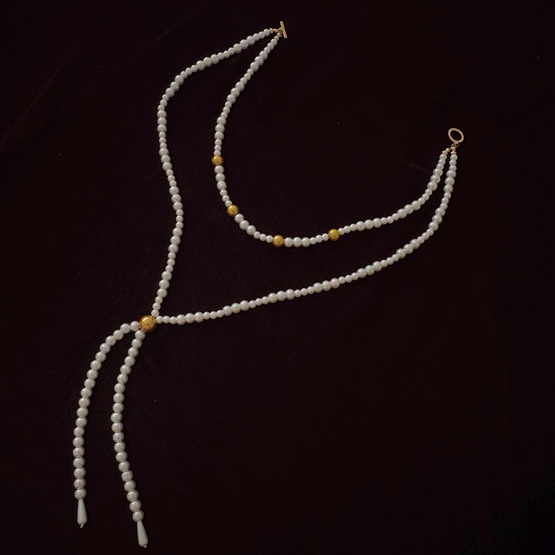 Double Layer Two Strand White & Gold Glass Pearl Long Necklace Gold Plated Clasp Y Style Tassel