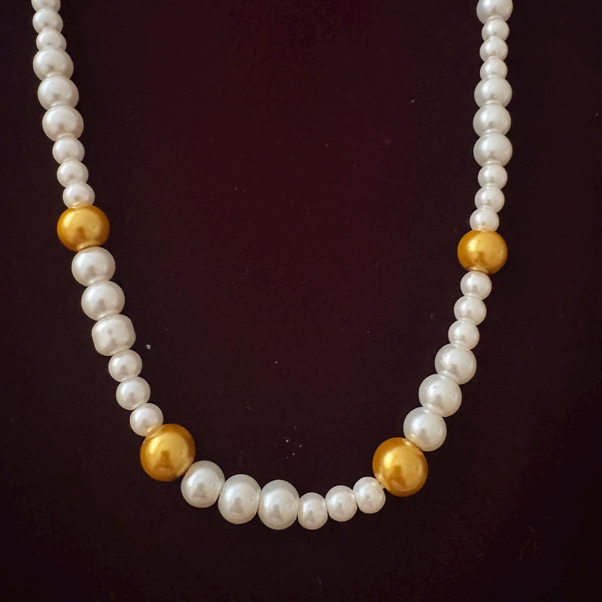 Y Style Double Layer Two Strand White & Gold Glass Pearl Long Necklace Handmade Artisan Jewelry