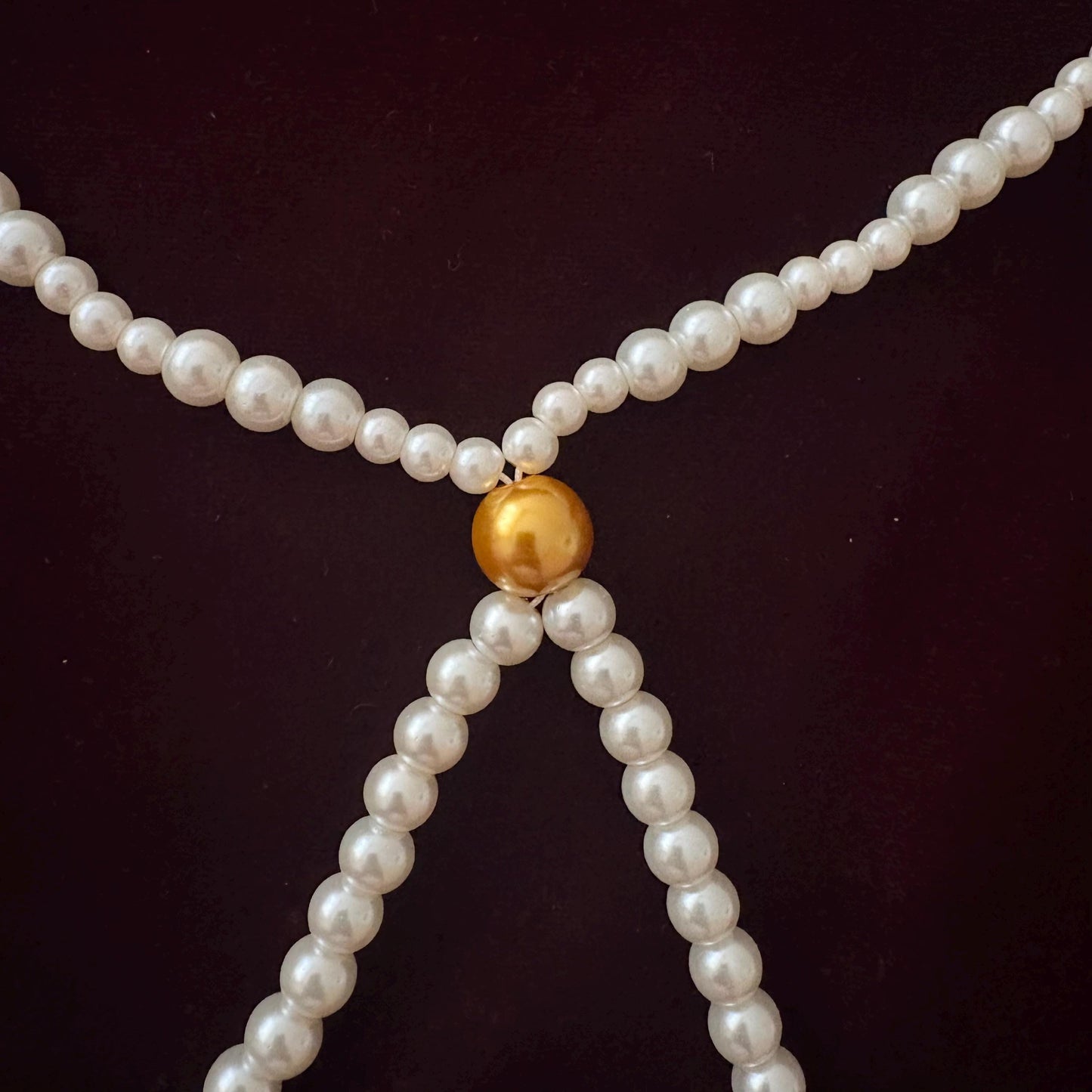 Double Layer Two Strand White & Gold Glass Pearl Long Necklace Gold Plated Clasp Y Style Tassel