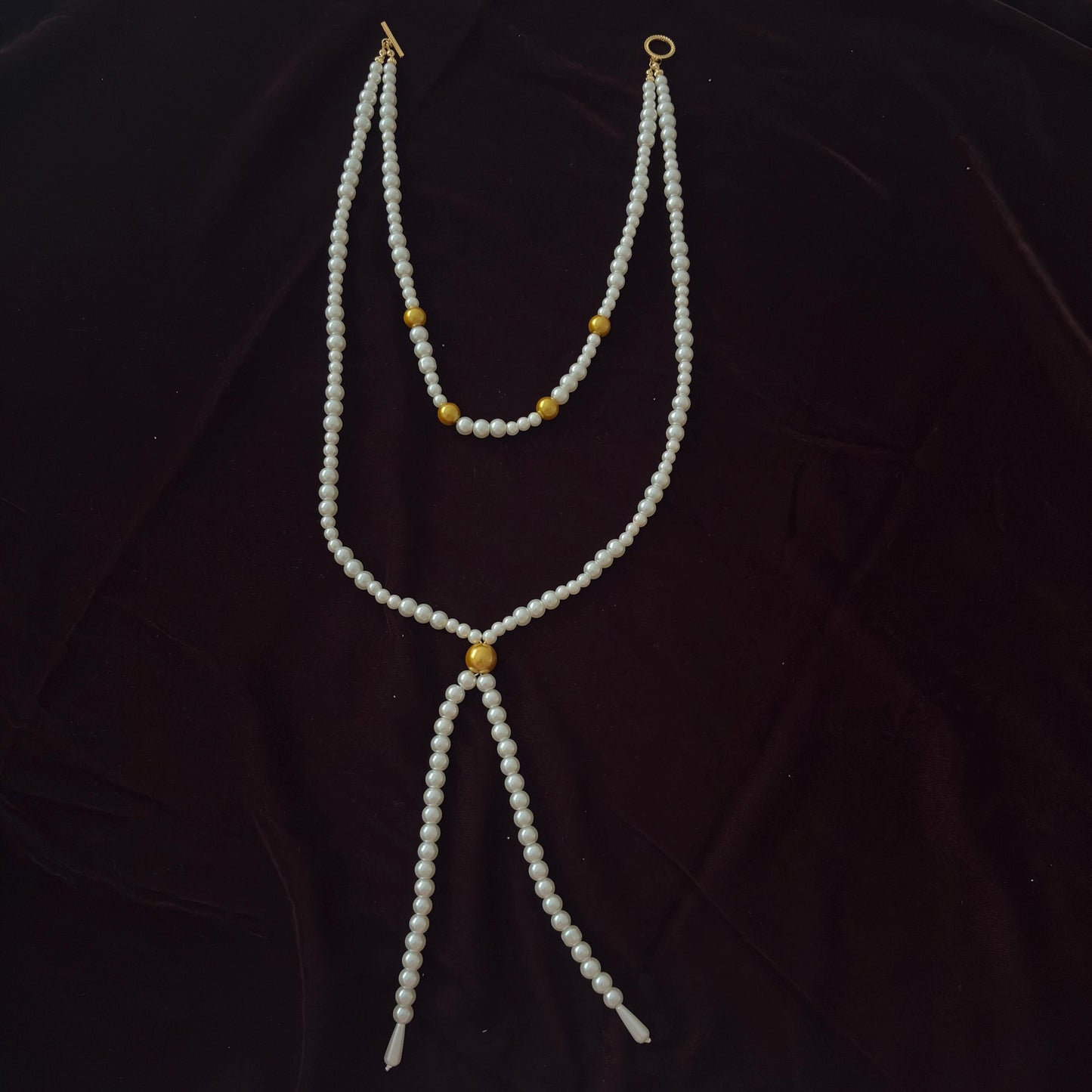 Y Style Double Layer Two Strand White & Gold Glass Pearl Long Necklace Handmade Artisan Jewelry