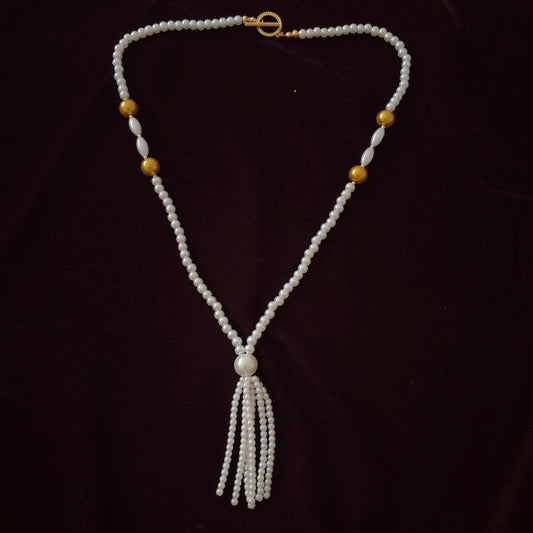 Two Toned Gold White Glass Pearl Necklace Pearl Tassel Long Necklace Luxury Handmade Gold Plated T-Clasp Art Deco Vntg Old Hollywood Style