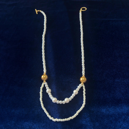 Two Toned Majorca White Mallorca Majorica Pearls Long Necklace with Gold Bead Details Gold Plated T-Clasp Classic Design Two Strand Art Deco