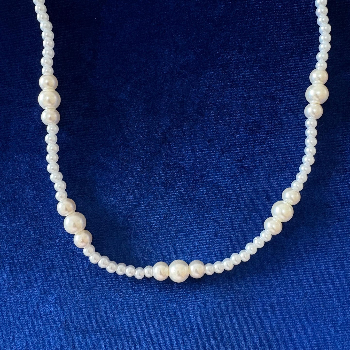 White Majorica Pearls Princess Lenght One Row Single Strand Necklace Gold Plated Clasp Handmade & Silk Thread