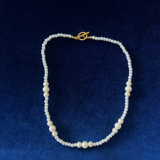 White Majorica Pearls Princess Lenght One Row Single Strand Necklace Gold Plated Clasp Handmade & Silk Thread