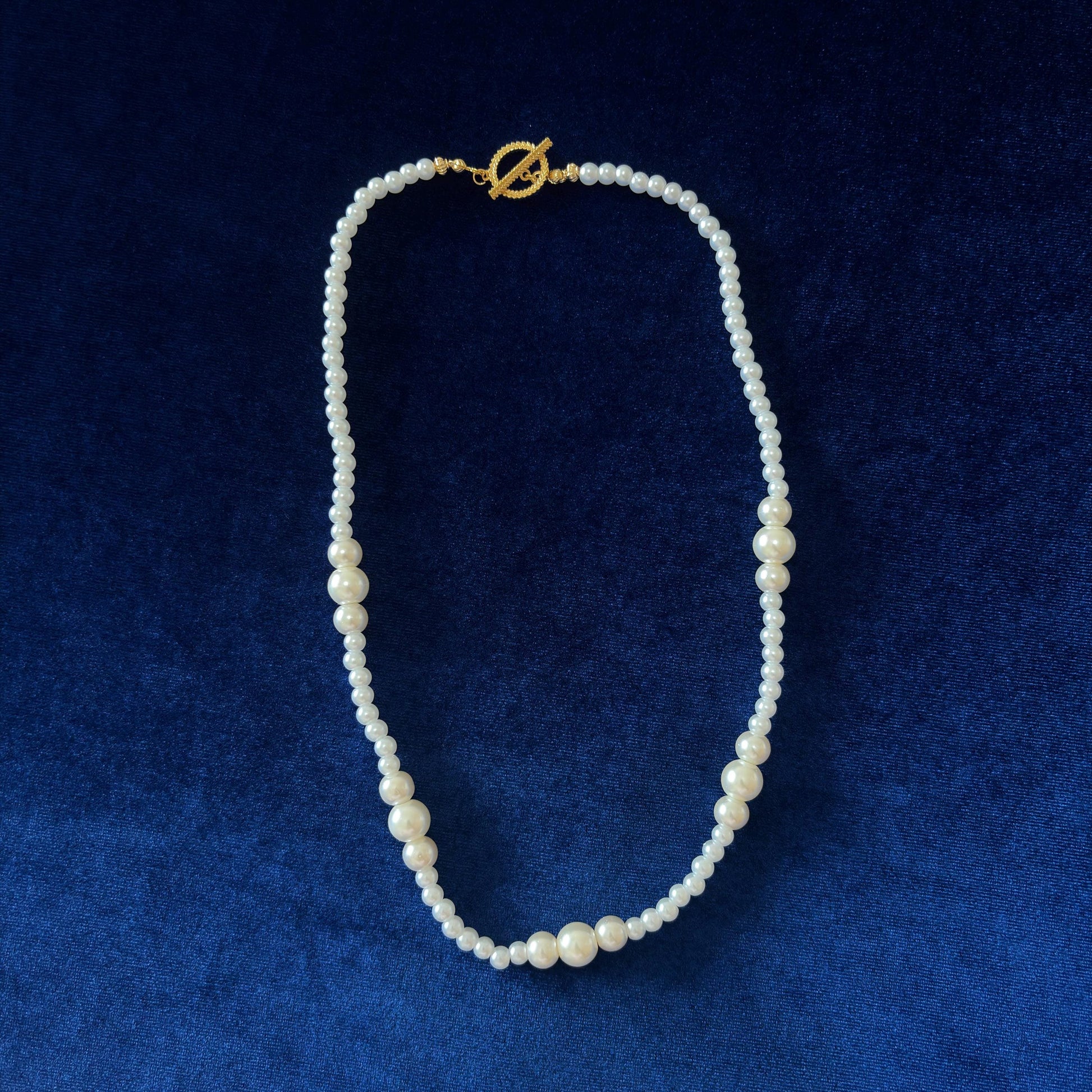 White Majorica Pearls Princess Lenght One Row Single Strand Necklace Gold Plated Clasp Handmade & Silk Thread