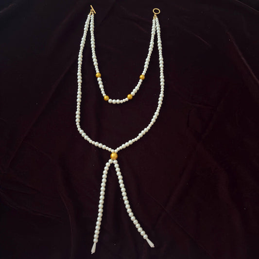 Double Layer Two Strand White & Gold Glass Pearl Long Necklace Gold Plated Clasp Y Style Tassel