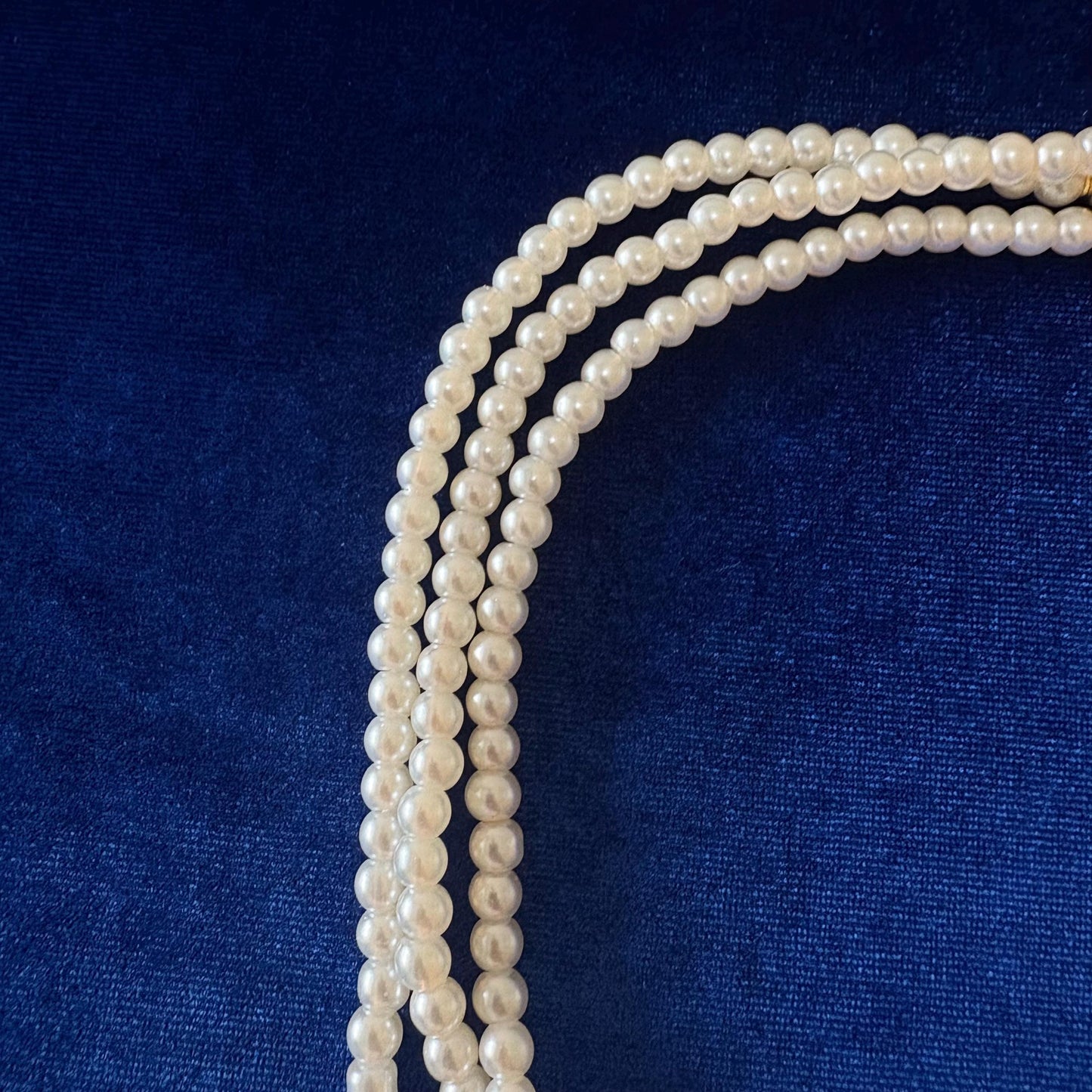 3 Strand Long White Majorica Pearls Necklace with Gold Details and Tassel - Classic Style & Handmade