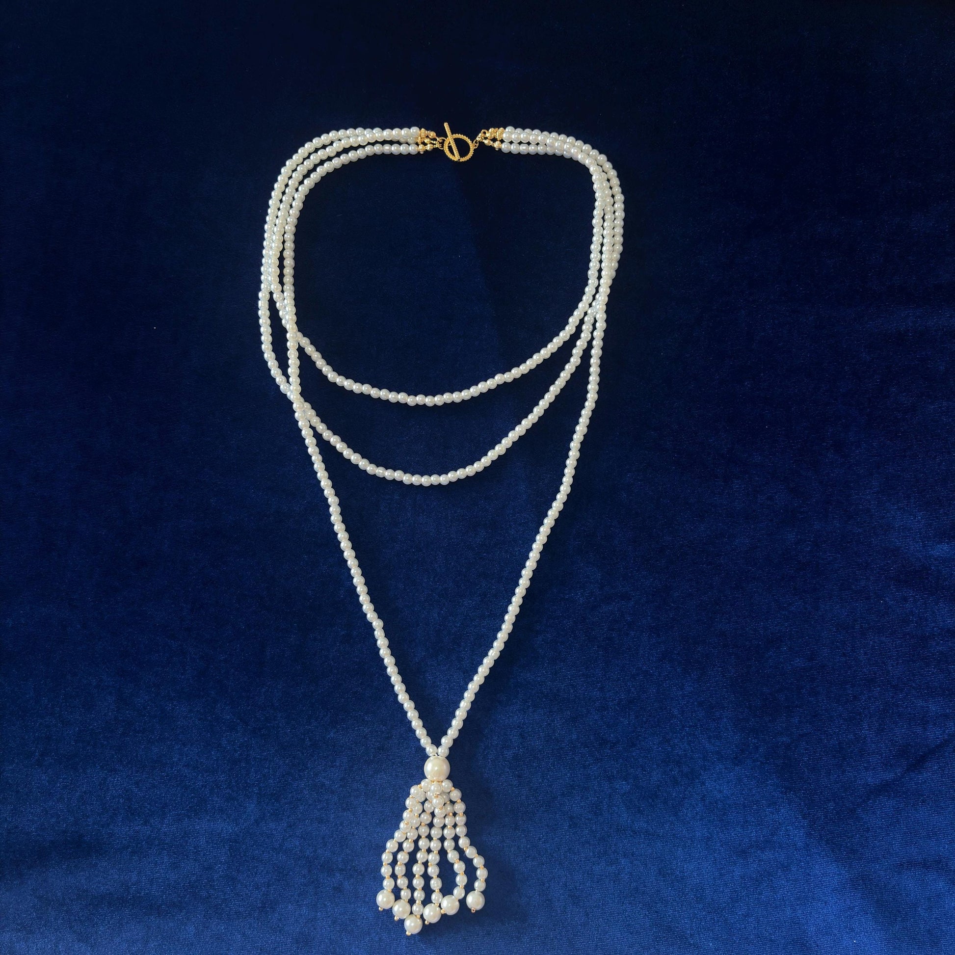 3 Strand Long White Majorica Pearls Necklace with Gold Details and Tassel - Classic Style & Handmade