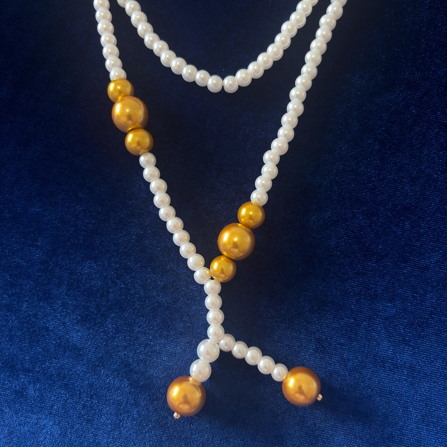 Gold Detailed White Glass Pearl Necklace 2 Strand with Classic Vintage Style