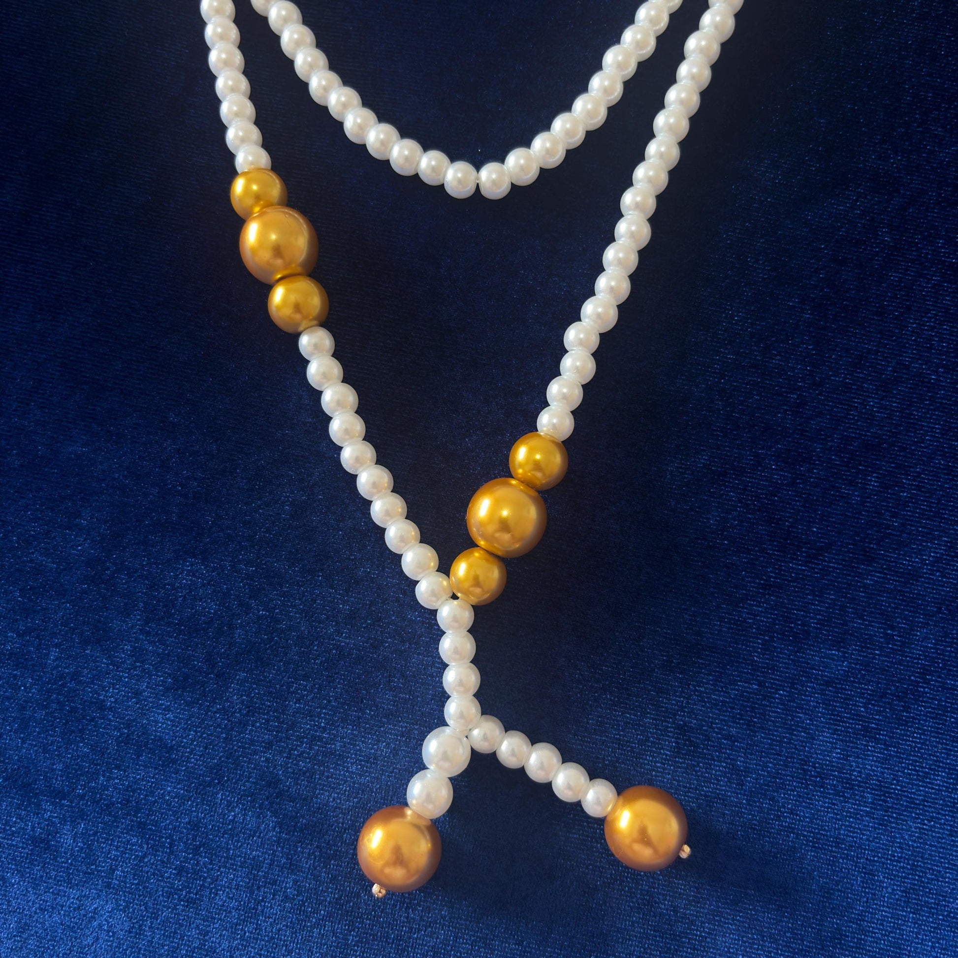 Gold Detailed White Glass Pearl Necklace 2 Strand with Classic Vintage Style