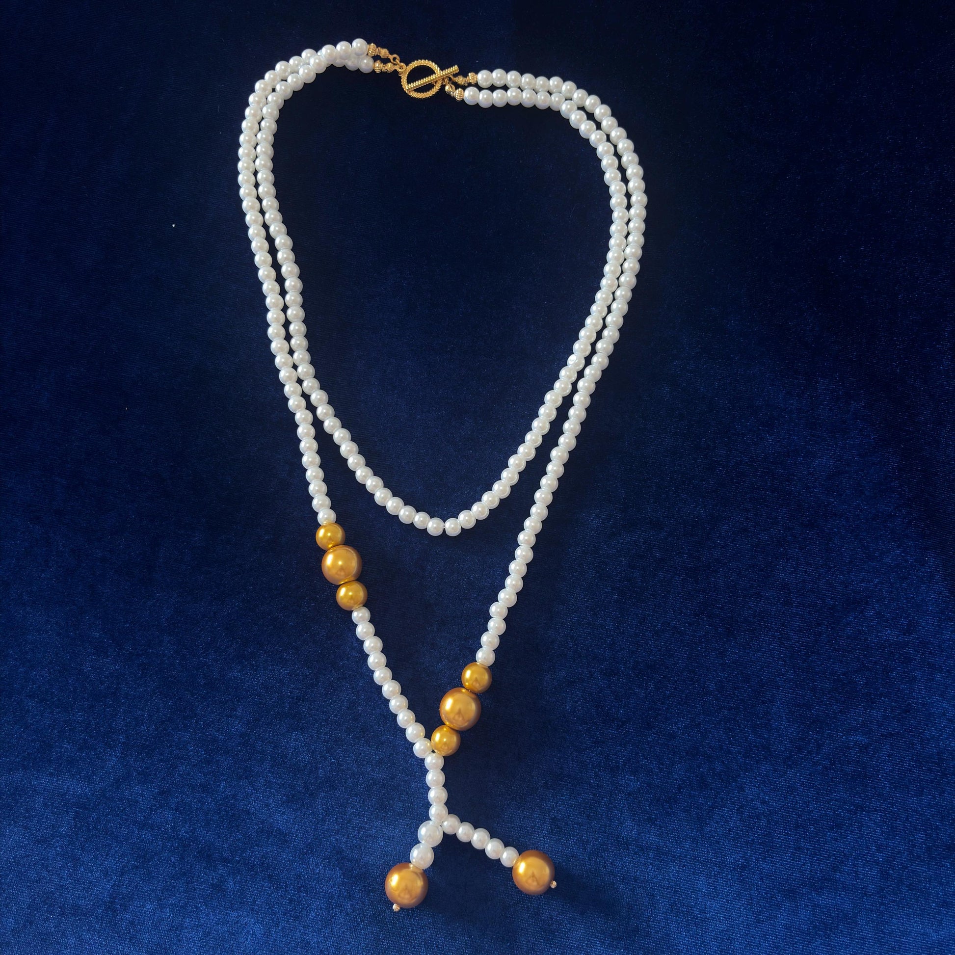 Gold Detailed White Glass Pearl Necklace 2 Strand with Classic Vintage Style