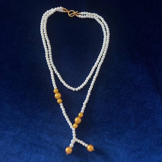 Gold Detailed White Glass Pearl Necklace 2 Strand with Classic Vintage Style