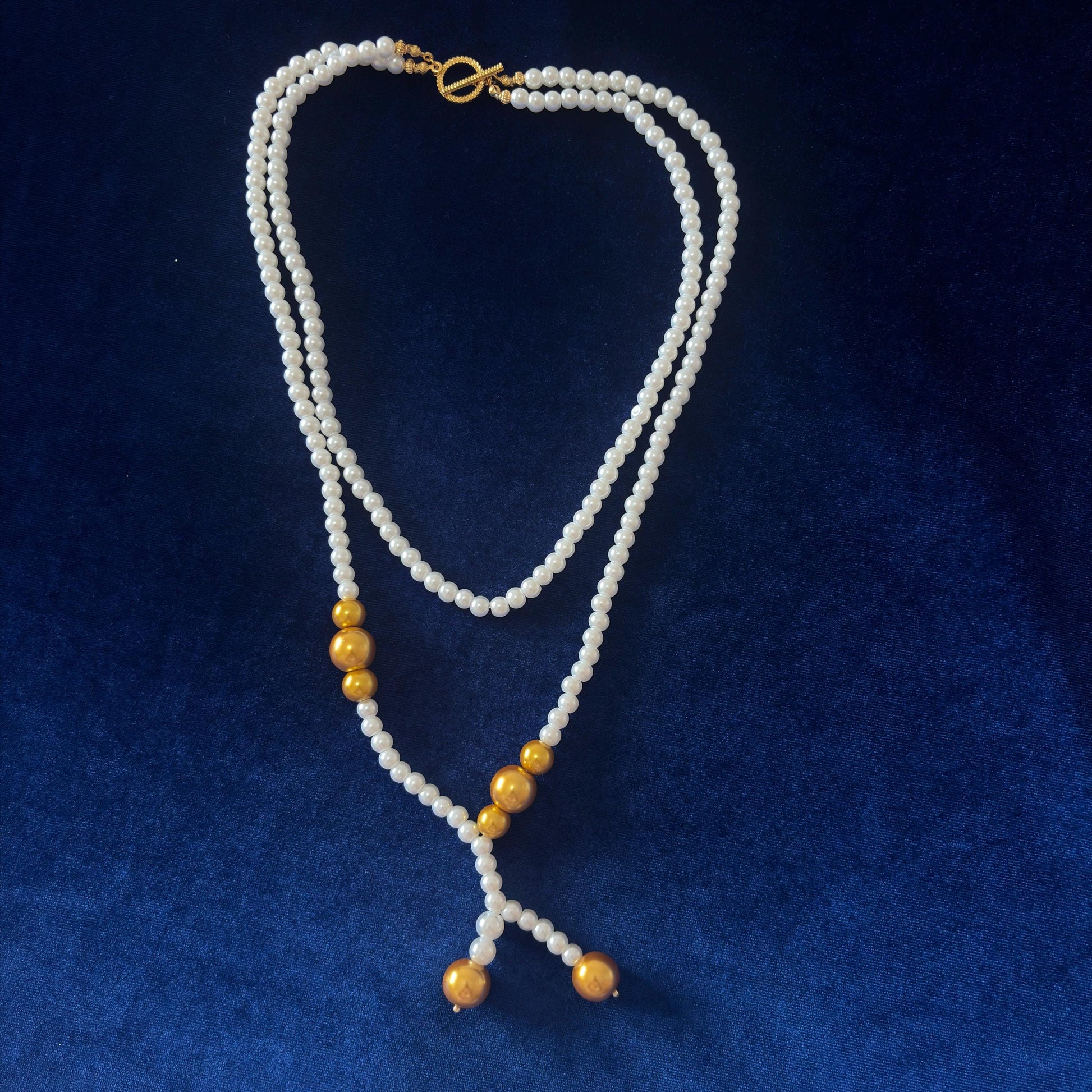 Gold Detailed White Glass Pearl Necklace 2 Strand with Classic Vintage Style