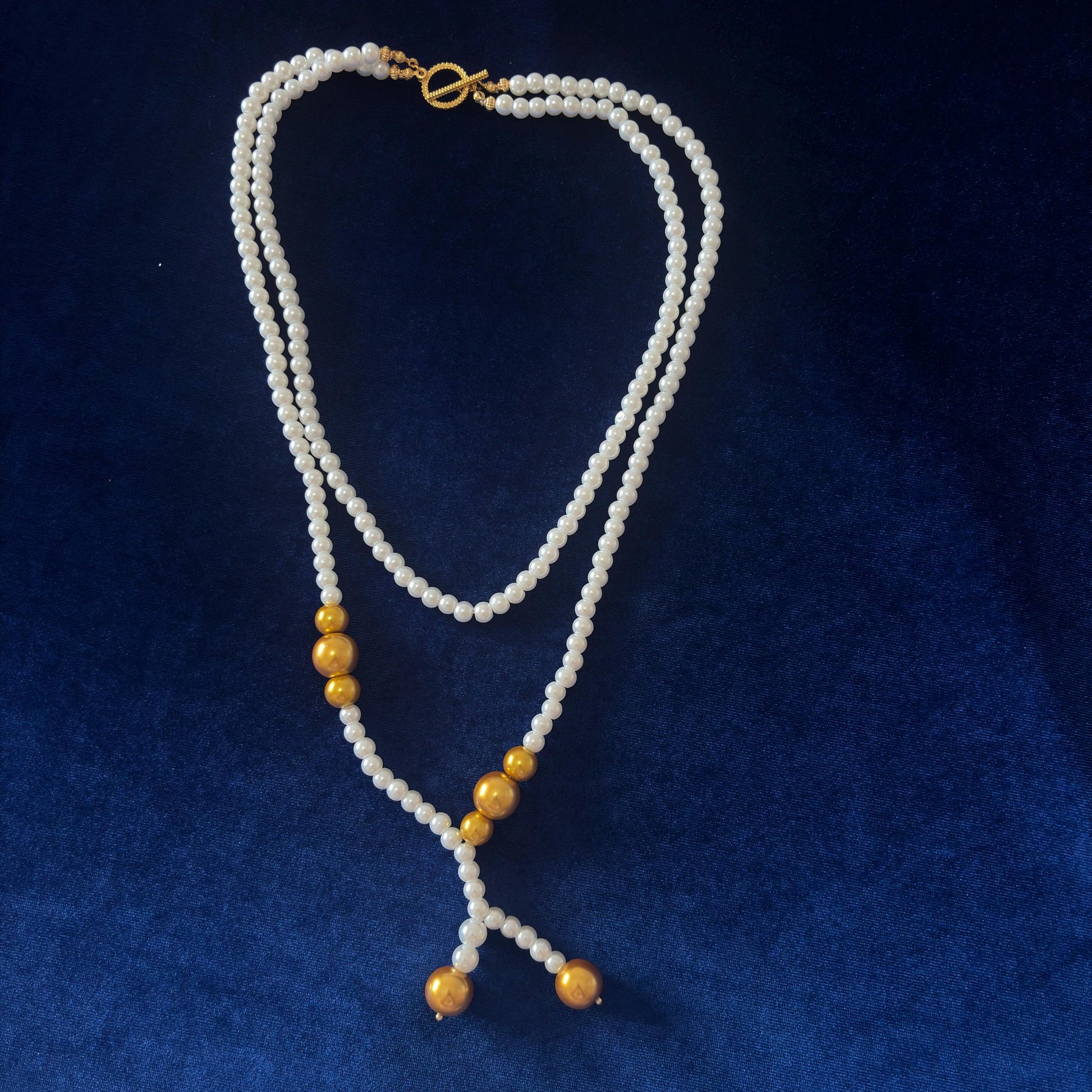 Gold Detailed White Glass Pearl Necklace 2 Strand with Classic Vintage Style