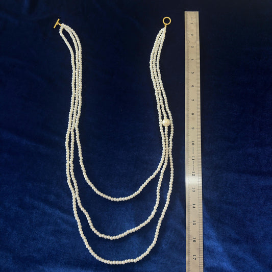 White Majorica Pearls Long Necklace Three Strand Opera Style with Gold Plated T Clasp & Pure Silk Thread