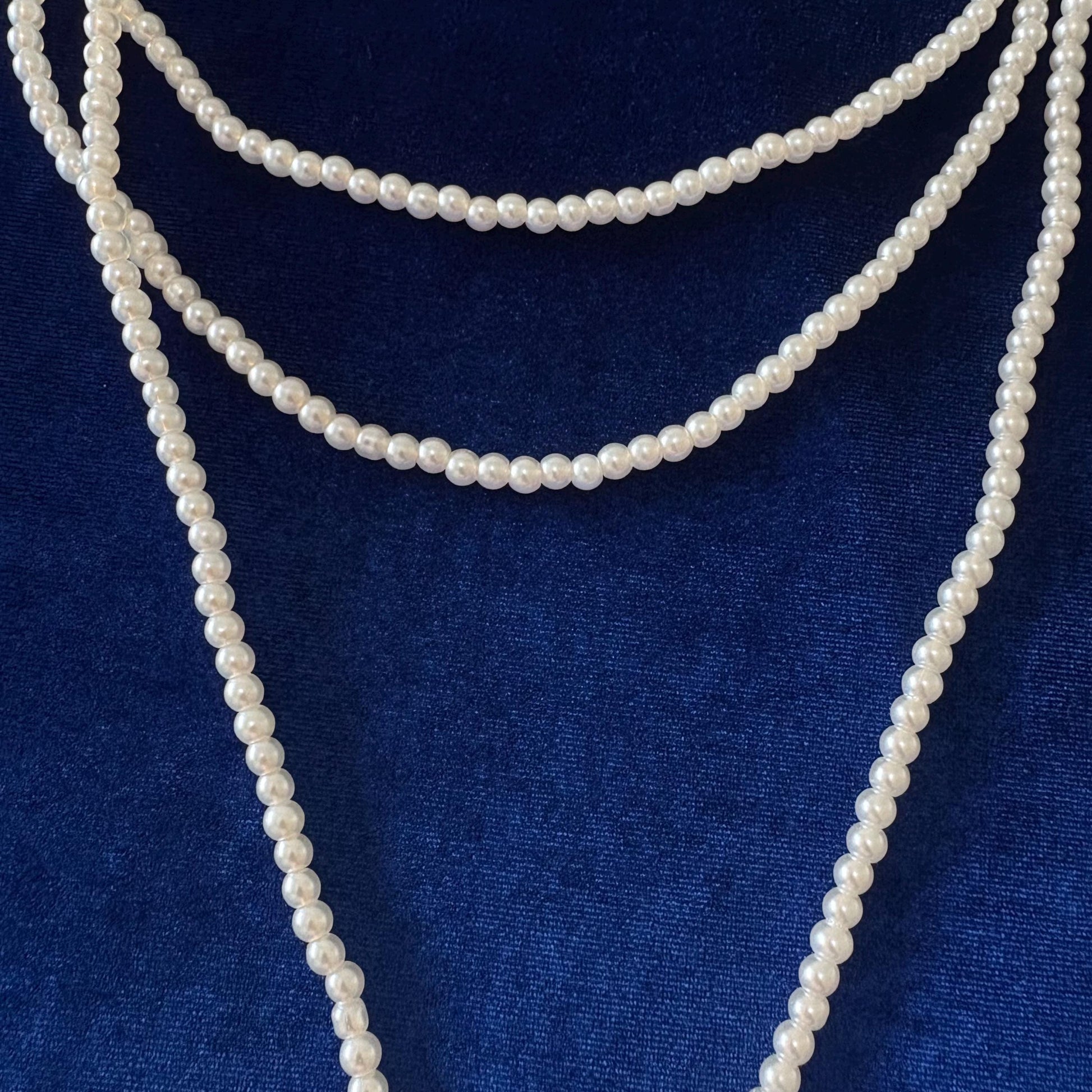 3 Strand Long White Majorica Pearls Necklace with Gold Details and Tassel - Classic Style & Handmade