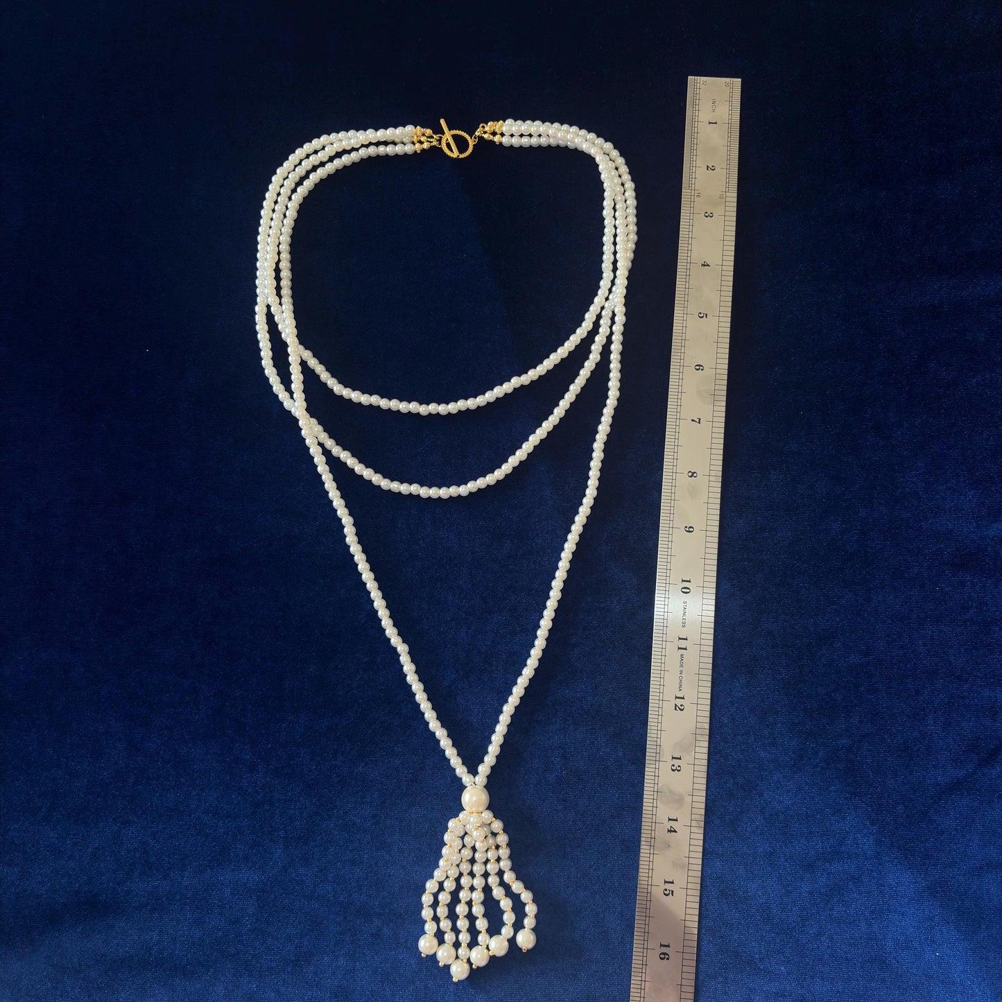 3 Strand Long White Majorica Pearls Necklace with Gold Details and Tassel - Classic Style & Handmade