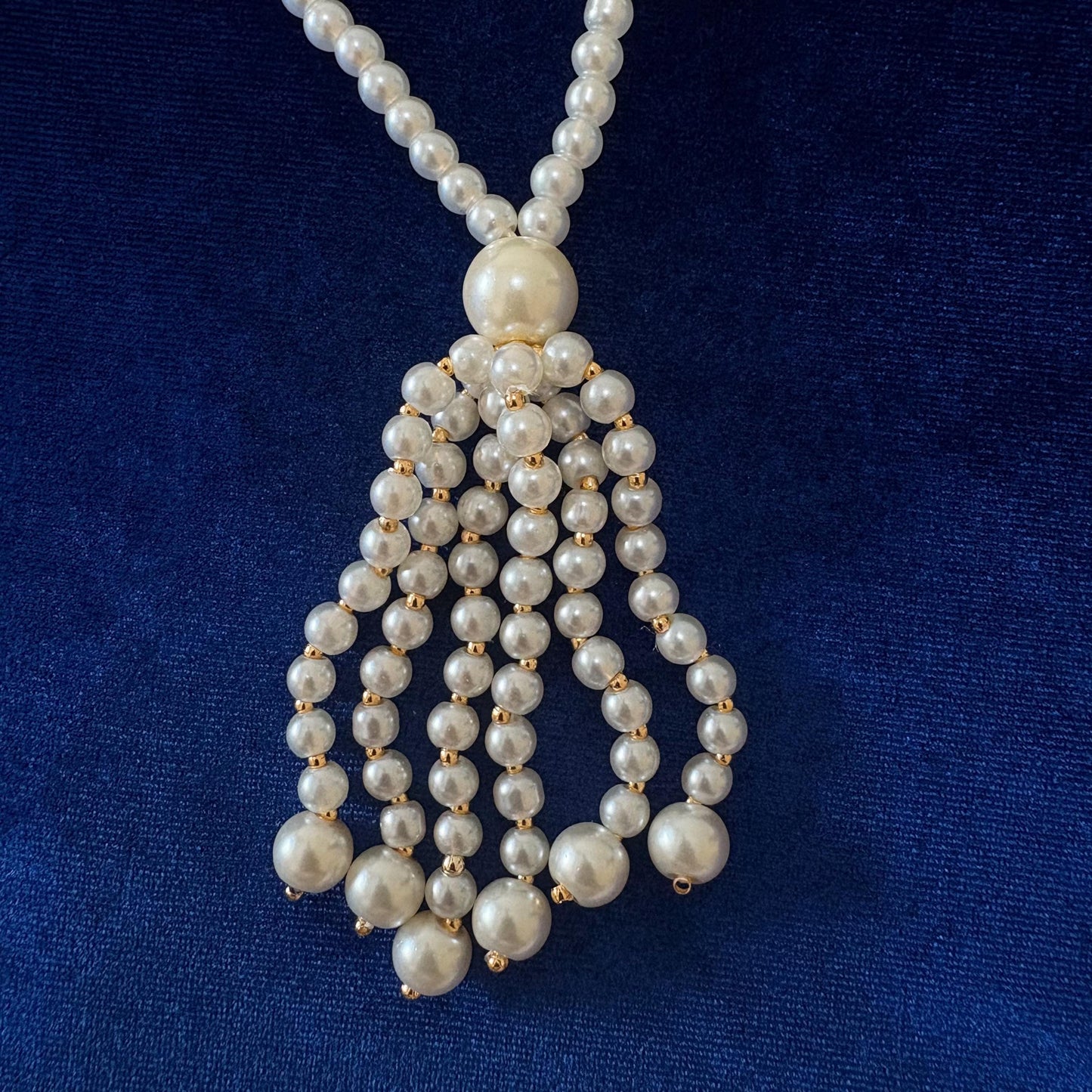 3 Strand Long White Majorica Pearls Necklace with Gold Details and Tassel - Classic Style & Handmade