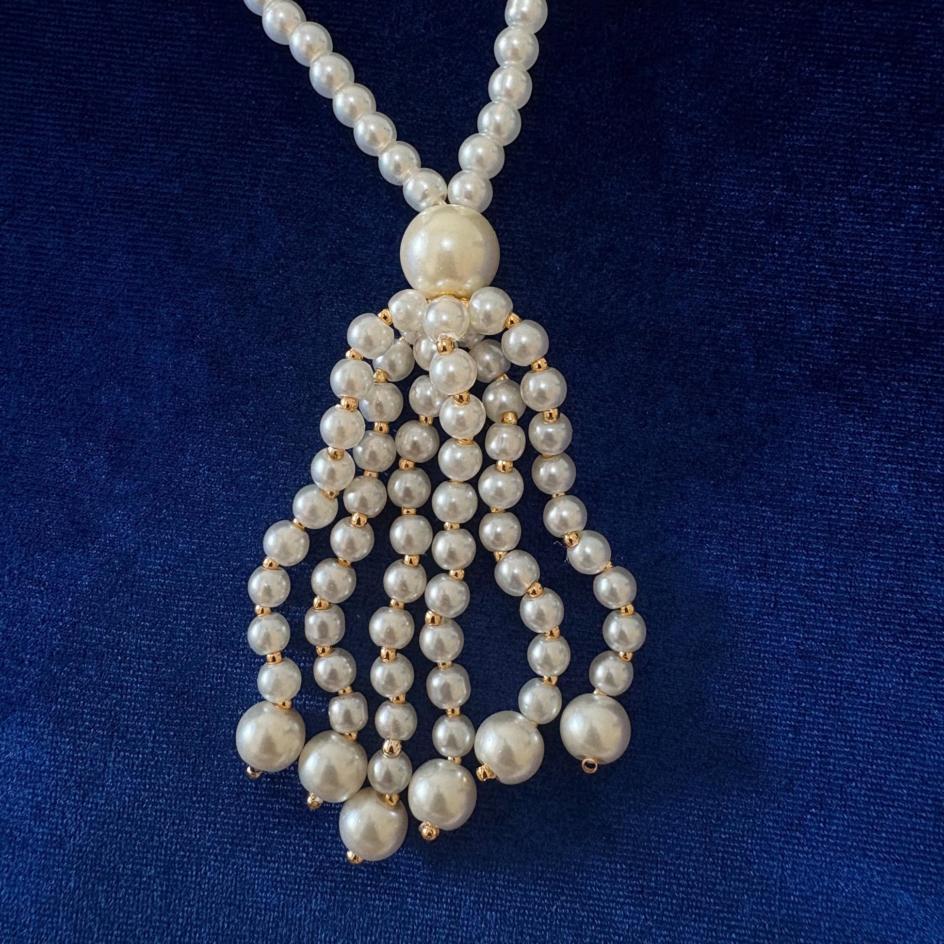 3 Strand Long White Majorica Pearls Necklace with Gold Details and Tassel - Classic Style & Handmade