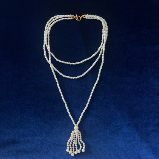 3 Strand Long White Majorica Pearls Necklace with Gold Details and Tassel - Classic Style & Handmade