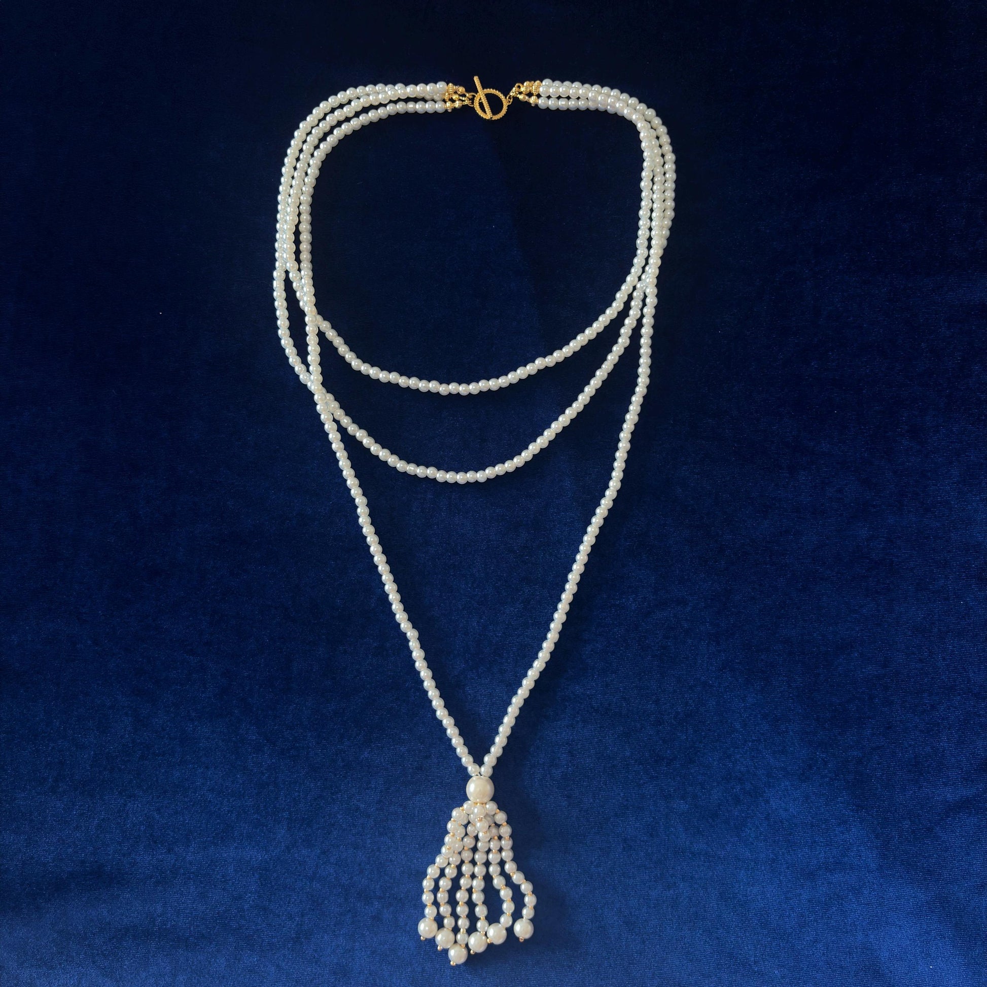 3 Strand Long White Majorica Pearls Necklace with Gold Details and Tassel - Classic Style & Handmade