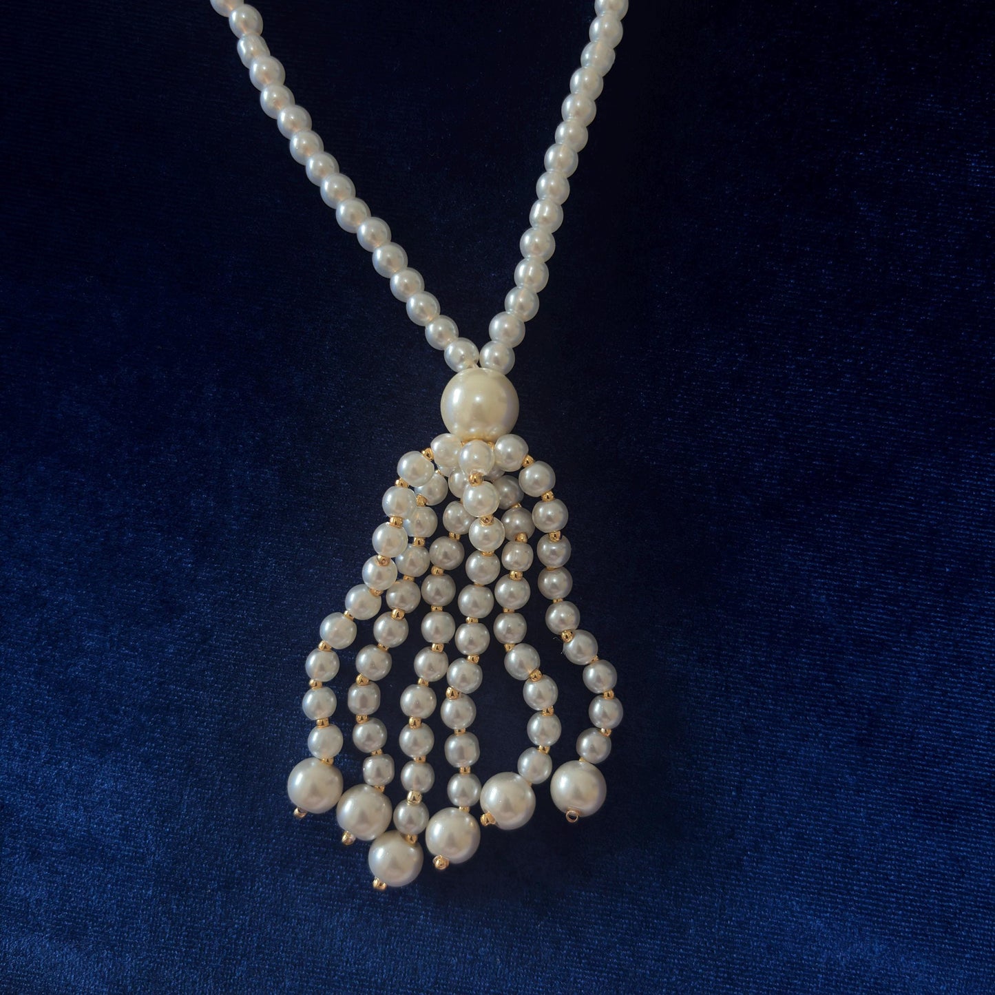 3 Strand Long White Majorica Pearls Necklace with Gold Details and Tassel - Classic Style & Handmade