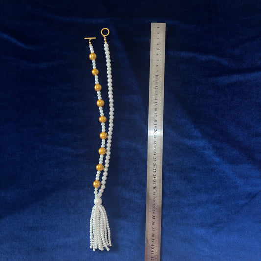 Gold Detailed White Glass Pearls Long Necklace with Tassel Handmade 80s style